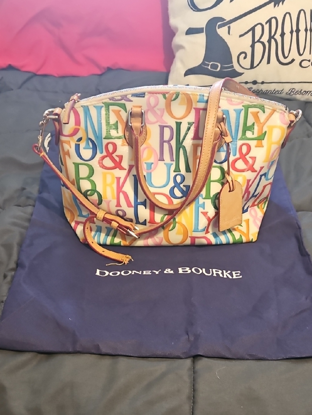 Dooney & Bourke Multicolor Logo Satchel with Tan Leather Trim